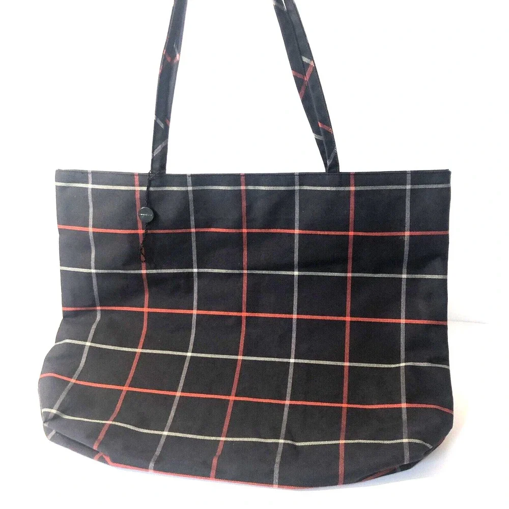 NEW Burberry London Bag Tote Blue Windowpane Plaid Treated Canvas COA!!